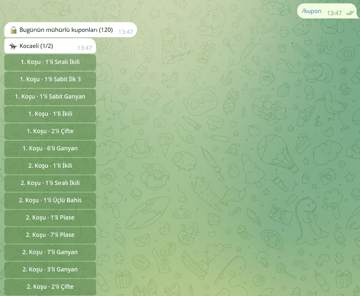 ePadok Telegram botu /kupon komutu ekran görüntüsü