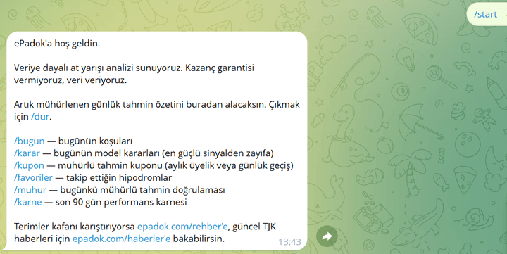 ePadok Telegram botu /start karşılama mesajı ve komut listesi